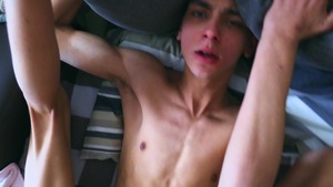 slim brunette hair teen cums all over himself after sex
