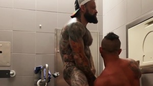 Pup & Tank Have Messy unprotected Sex In Airport lavatory - ass Love