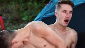 boyz At Camp - tasty Wanderer Caught Masturbating On The Hillside Taught A Lesson By Troop taskmaster