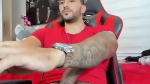 cute Latino Hunk With Tattoos Strokes His large darksome penis